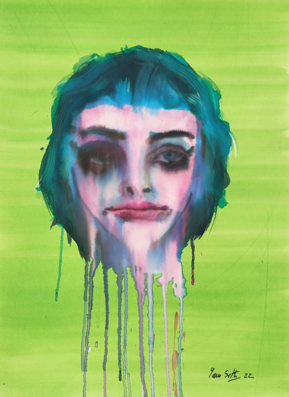Doom, peinture d'un visage de femme sur fond vert flash avec coulure