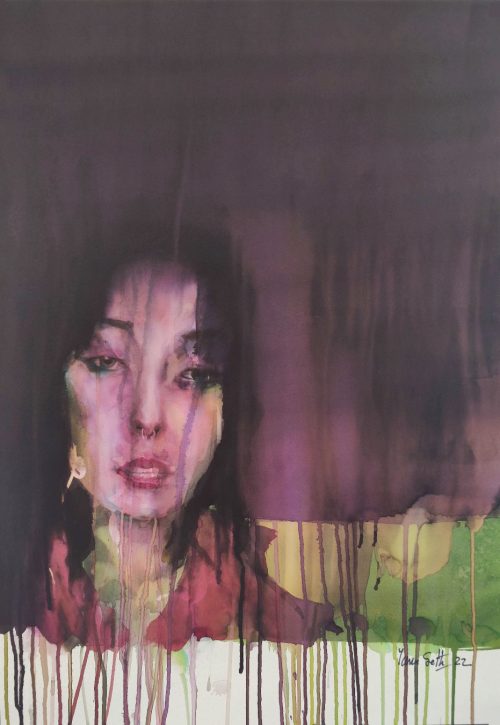 Peinture portrait sur fond violet & vert