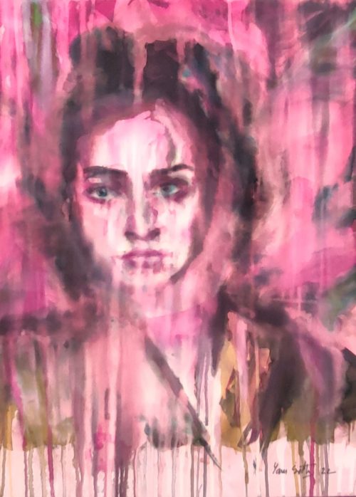 Portrait flou sur fond rose, peinture sur papier