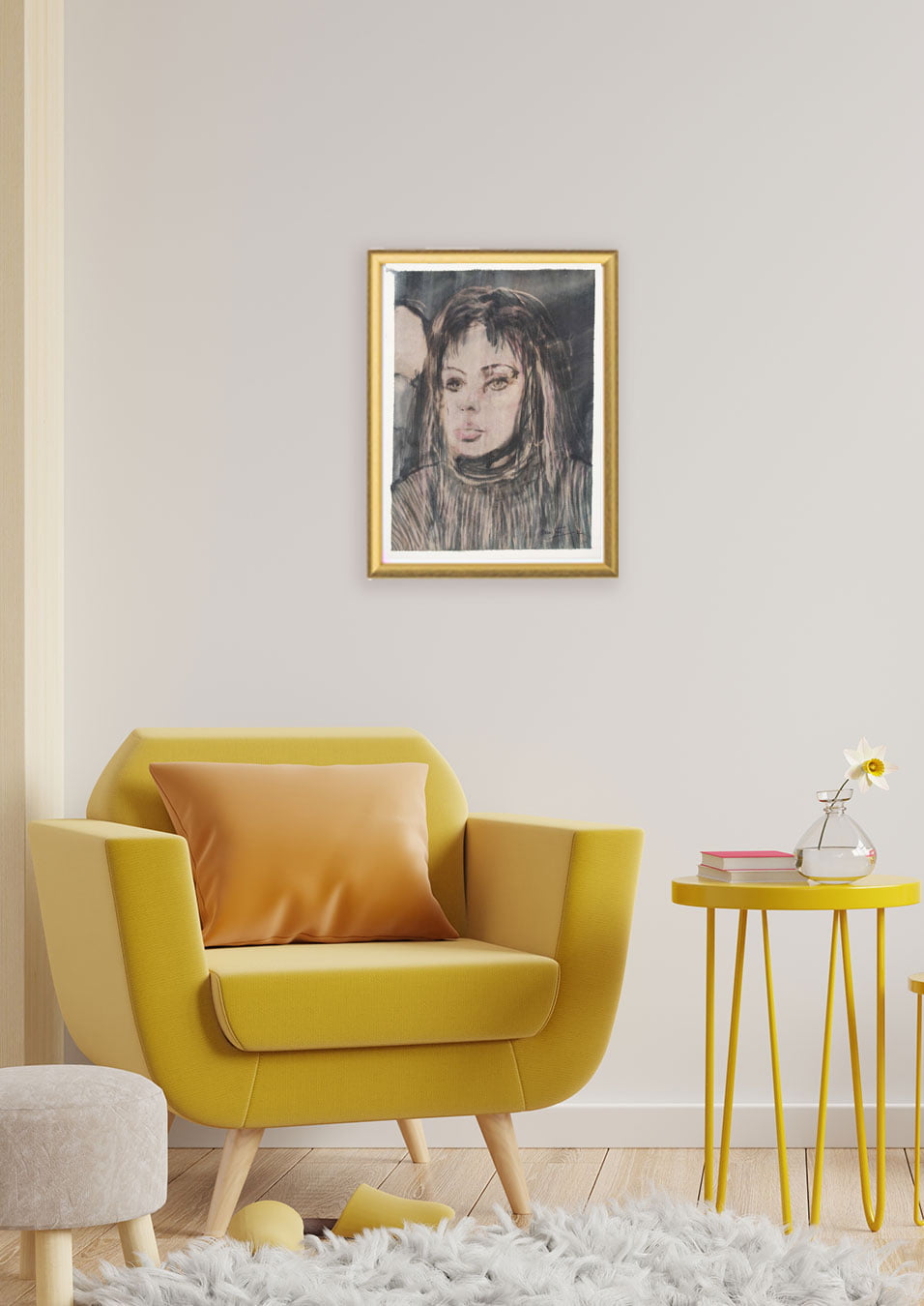 Portrait perruque dans un cadre doré au coeur d'un intérieur design