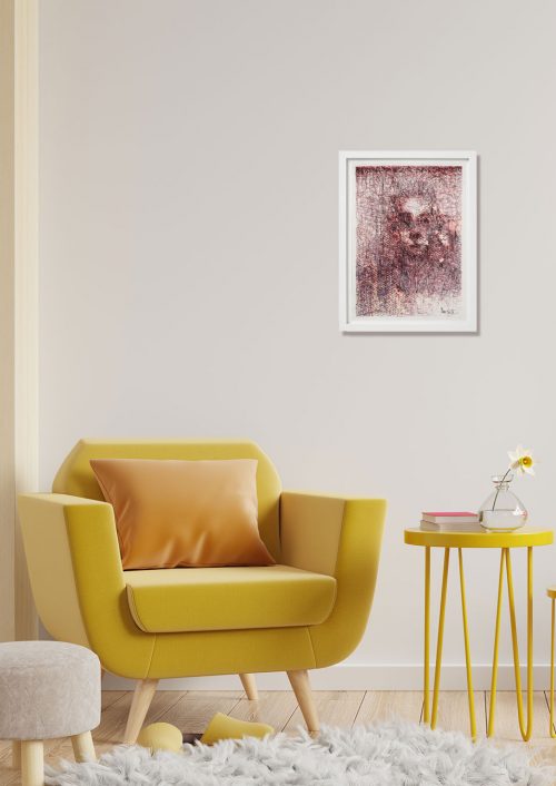 Tableau Dessin Rouge présenté dans un salon jaune