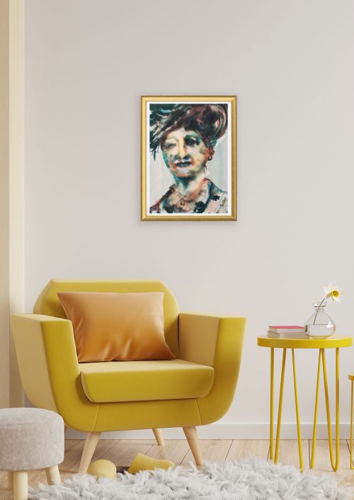 Le tableau Portrait Au Chapeau exposé au dessus d'un fauteuil jaune